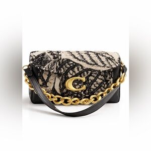Faux Coach Black & Cream Signature Chain Shoulder Bag with Gold Hardware